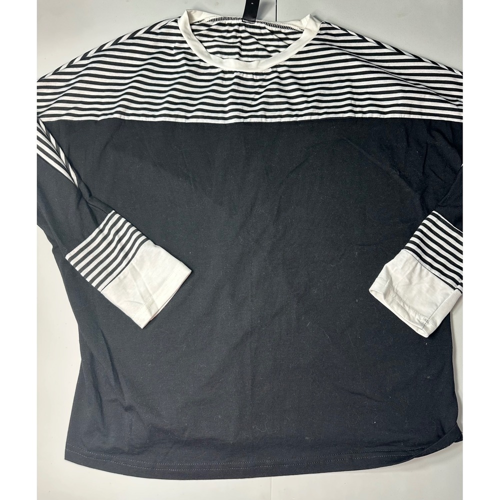 Emery Rose Womens Colorblock Striped Long Sleeve Top Black White Large